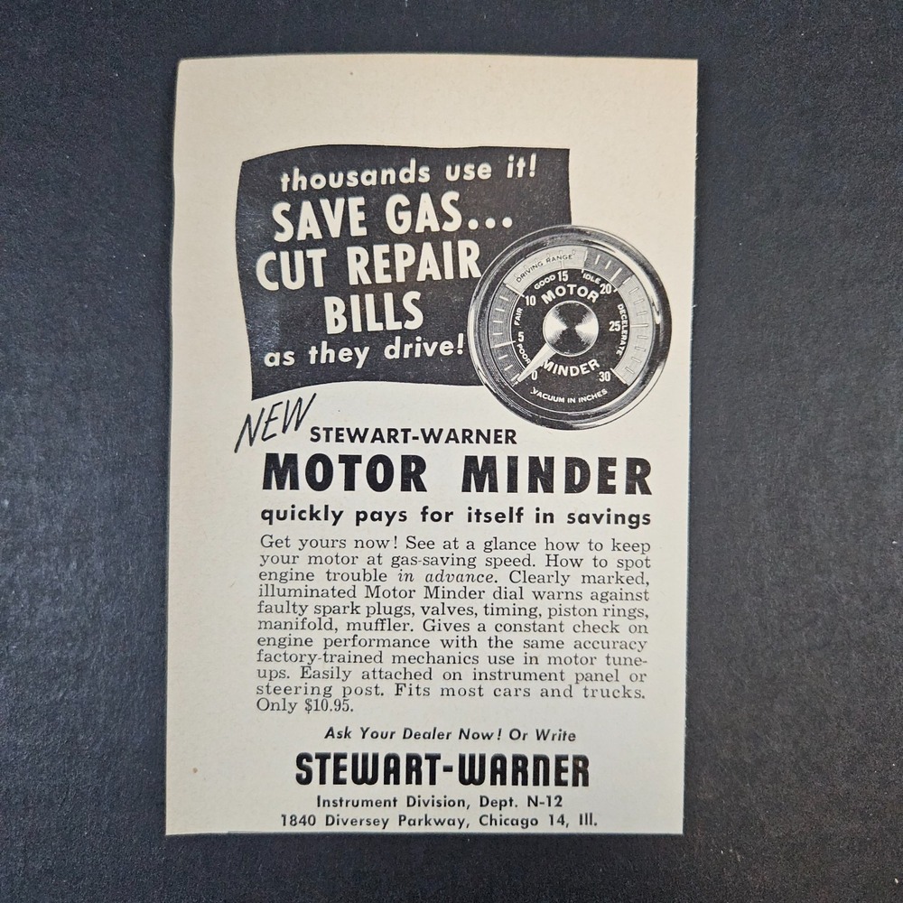 1952 Stewart-Warner Instrument Division Motor Minder Vintage Print Ad Chicago IL